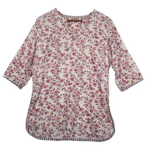 Anokhi Red Pink & White Floral Tunic Top Cotton Curved Hem Anthropologie Size S - Picture 1 of 6